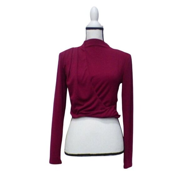 ASTR Asymmetrical Pleated Cutout Mock Neck Sweater Top, Berry, Sz. S - Picture 11 of 11
